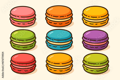 Colorful assorted macarons illustration in a 3x3 grid pattern