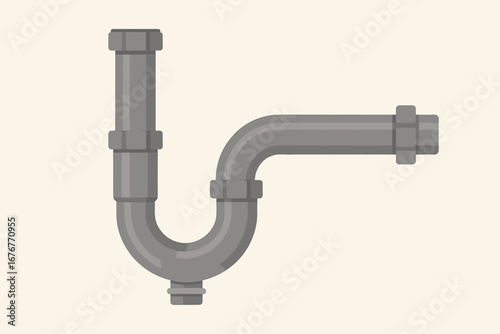 Gray metal plumbing pipe with u-bend on light background