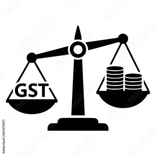 Illustration of a balance scale with gst on one side and coins on the other, symbolizing the balance between taxation and financial resources