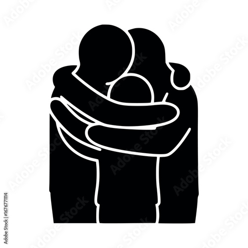 Vector art of a simple black and white illustration depicts a family embracing, symbolizing love, support, and togetherness