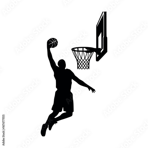 Vector art of silhouette of a basketball player performing a slam dunk near the hoop, , showcasing athleticism and skill in a dynamic action shot