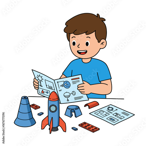 Happy cartoon boy building a blue and red toy rocket from blocks reading an instruction manual with an engaged smile.