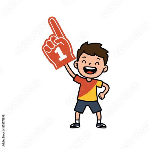 Happy Cartoon Boy Cheering with Red Foam Finger Showing Number One.