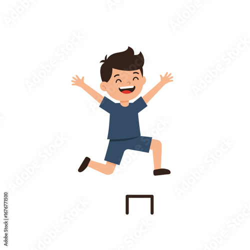 Happy cartoon boy in a blue outfit jumping over a small hurdle with a joyful expression and raised arms.