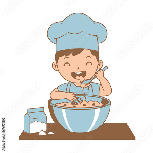 Happy cartoon boy in a blue chef hat licking sweet batter from a spoon while mixing dough.