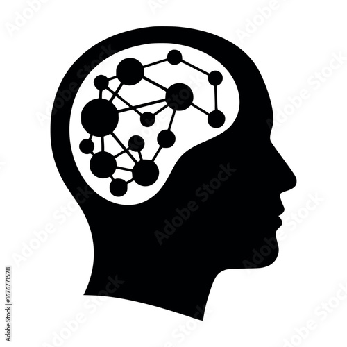 Vector art of silhouette of a head with a network of connections inside, representing artificial intelligence, cognitive processes, and the power of the human mind