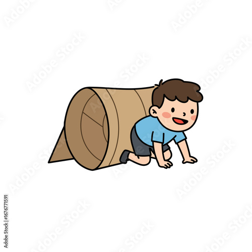 Happy cartoon boy in a blue shirt crawling out of a brown fabric play tunnel with a joyful expression.