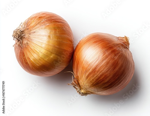 Two golden onions, top view, against a white background