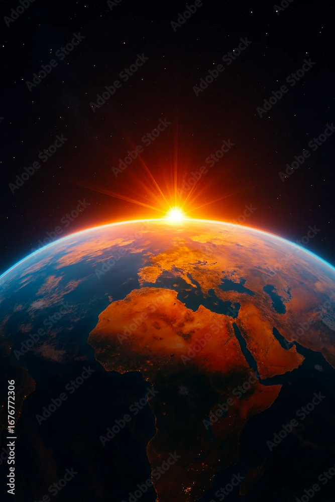 Obraz premium Sunrise over earth viewed from space with glowing atmosphere and stars isolated on white background isolated on transparent background silhouette