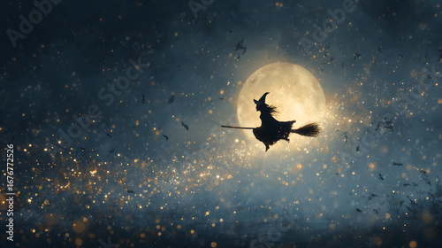 Witch silhouette flying on broomstick in front of full moon with bats and sparkling night sky