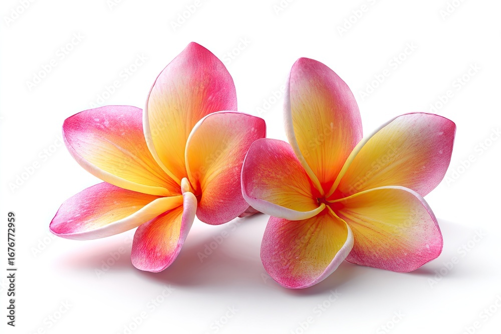 Fototapeta premium Two plumeria flowers, vibrant pink and yellow, isolated on white