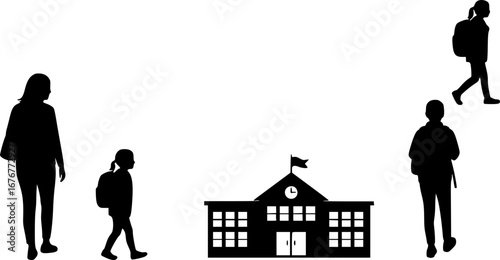 A mom Going to school with Her Child vector silhouette	