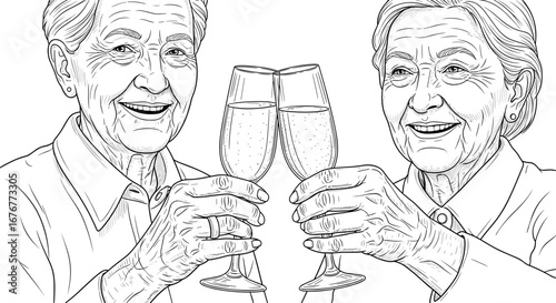 elderly friends toasting with champagne