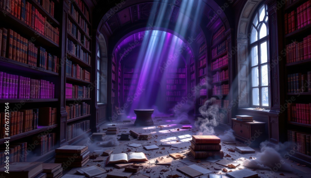 Obraz premium abandoned library with purple glowing books, dust floating in the light, shadows forming shapes of ghosts reaching for forgotten tomes