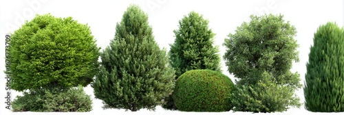 Various green trees and shrubs in a row, isolated on white