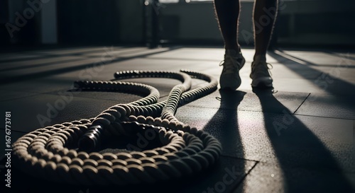 Battle ropes lying on gym floor in sunlight with athlete standing in training shoes symbolizing endurance strength conditioning workout power motivation and determination in functional fitness 