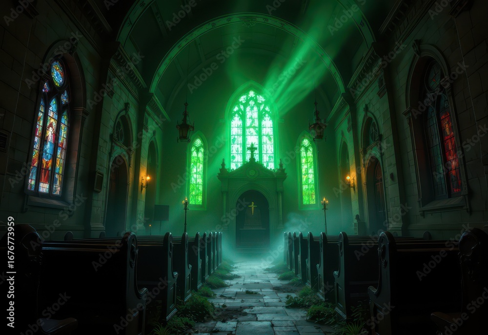 Fototapeta premium creepy old church with green light streaming from stained glass, shadows of spirits flickering across cracked pews, mist rolling through the graveyard