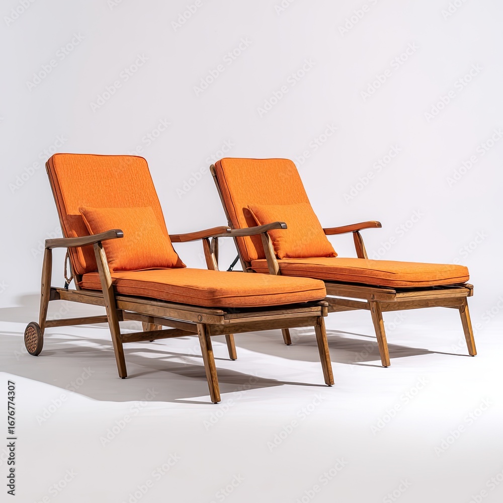 Fototapeta premium Two orange-cushioned sun loungers, wood frame, studio shot