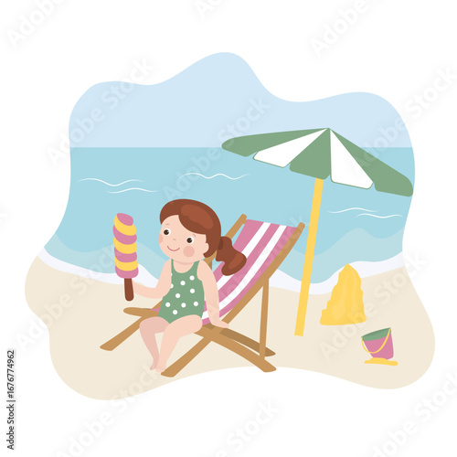 Caucasian little girl in a swimsuit sits on sun lounger and eats ice cream. Relaxation and entertainment on the beach. Cute child relaxes and sunbathes on the tropical coast