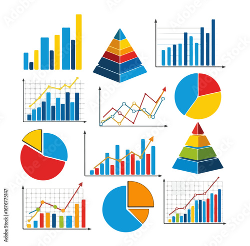 Collection of colorful charts and graphs, including bar, line, pie, and pyramid graphs, on a white background. Data visualization concept. Vector illustration.