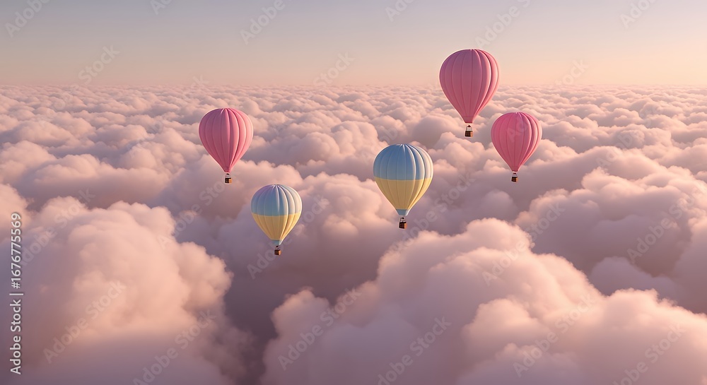 Fototapeta premium Colorful Hot Air Balloons Floating Above Pink Cloudscape During Sunrise