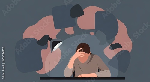 Flat vector illustration of a person overwhelmed by too many thoughts with abstract elements