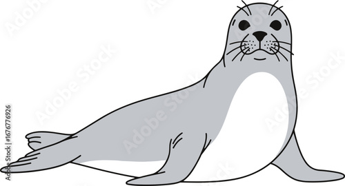A charming illustration of a grey seal pup rendered in a pixel art style. The seal is depicted sitting on a white background, facing forward.