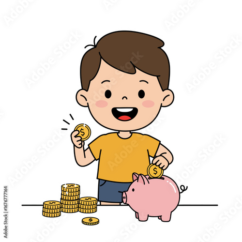 Happy cartoon boy in a yellow shirt putting shiny gold dollar coins into a pink piggy bank.