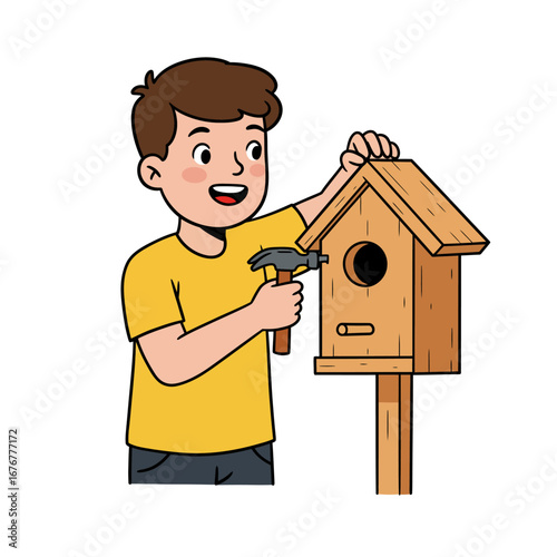 Happy cartoon boy in a yellow shirt building a wooden birdhouse with a hammer.