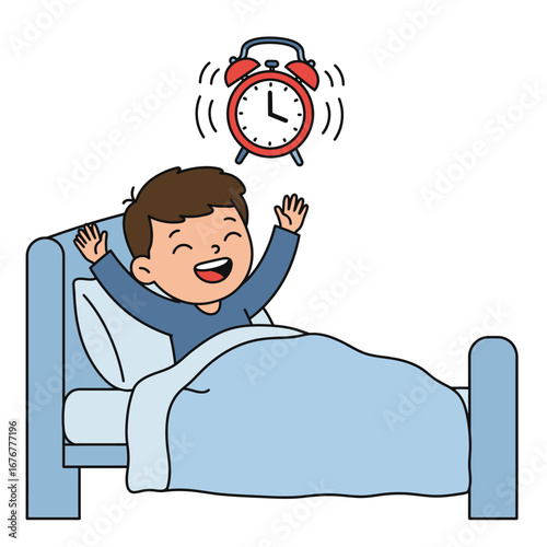 Happy cartoon boy in blue pajamas waking up and stretching in bed to a ringing alarm clock.