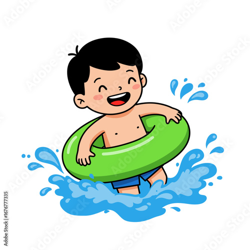 Happy cartoon boy with a green inflatable ring splashing joyfully in the water.
