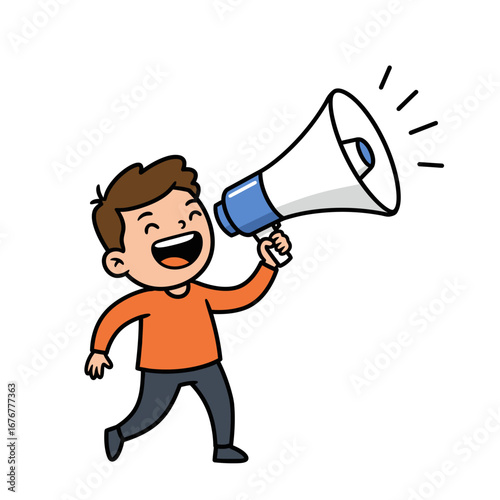 Happy cartoon boy with a megaphone shouting an announcement with a joyful expression.