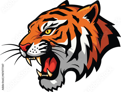 Canvas Print Fierce Tiger Head with Golden Eyes and Open Mouth Showing Sharp Teeth