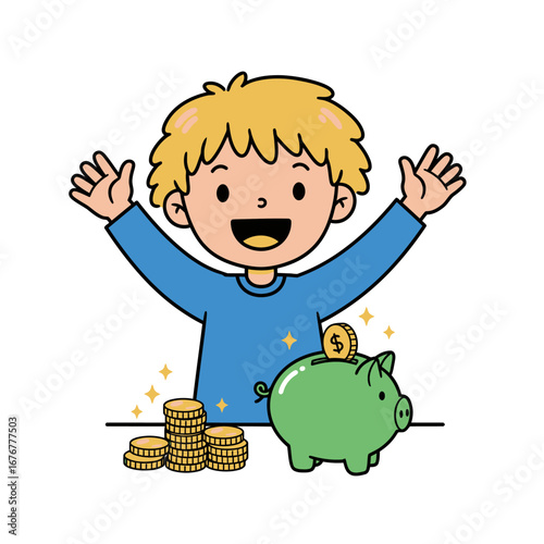 Happy cartoon boy with blonde hair celebrating his savings with a green piggy bank and gold coins.