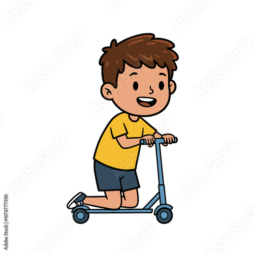 Happy cartoon boy with brown hair and a yellow shirt kneeling on a blue kick scooter.
