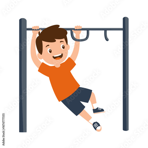 Happy cartoon boy with brown hair and an orange shirt hanging from playground monkey bars.
