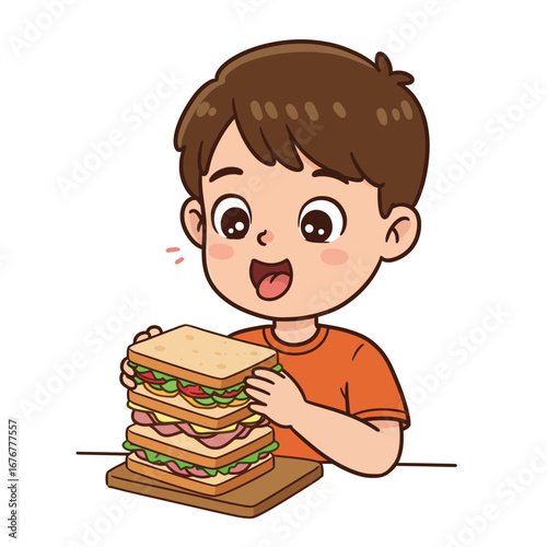 Happy cartoon boy with brown hair and an orange shirt about to eat a giant multilayered sandwich.