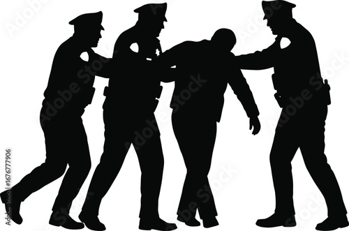 Silhouette of Police Officers Apprehending a Suspect.