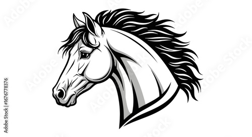 Illustration of a majestic horse head with flowing mane in black and white vector design style art drawing