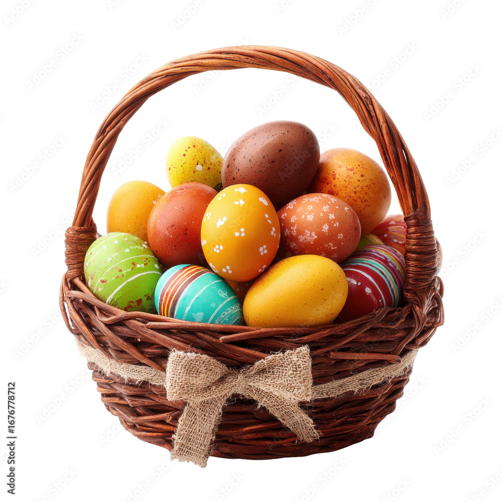Naklejka premium Colorful Dyed Easter Eggs in a Woven Basket for Spring Celebrations and Holiday Decorations