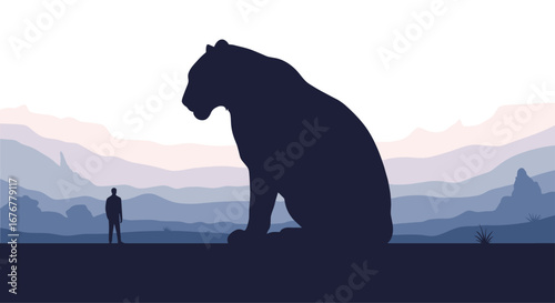 Enormous feline beast overseeing a vast mountainous landscape with tiny figures below