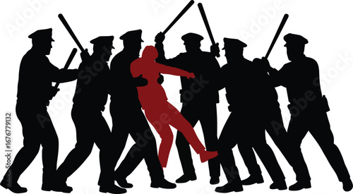 Silhouette of Police Subduing Suspect with Batons.