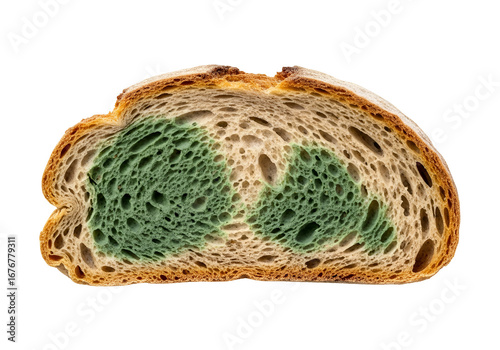Close-up of a slice of bread exhibiting a sizable patch of mold, showcasing the contrasting textures and colors of the healthy and affected areas.