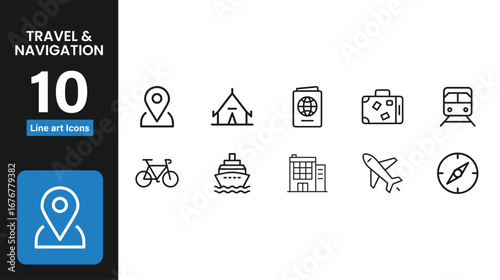 Collection of travel and navigation icons featuring transportation and destinations for modern design projects