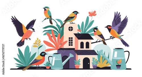 Charming avian companions gather around a quaint miniature village with lush green botanical elements and watering cans