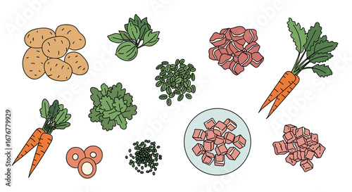 Healthy homemade baby food preparation with fresh vegetables and meat ingredients illustrated
