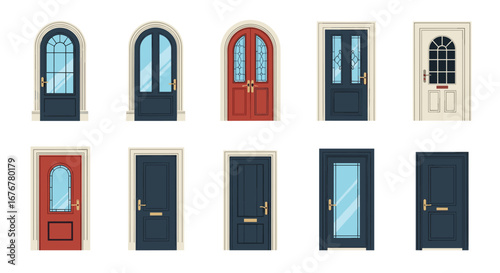 Collection of ten diverse modern and traditional residential entrance doors with varied designs and styles for architectural inspiration