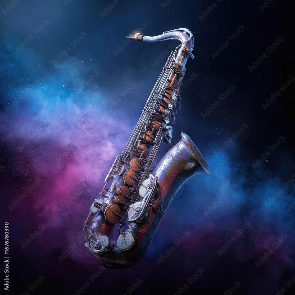 Obraz premium A vintage saxophone against a cosmic backdrop