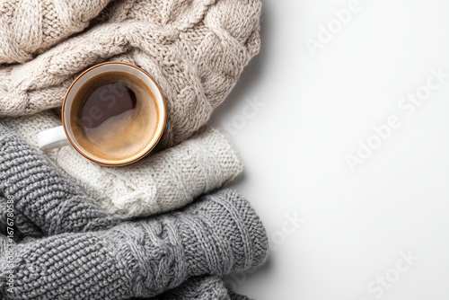 Cozy autumnal scene with warm sweaters and coffee