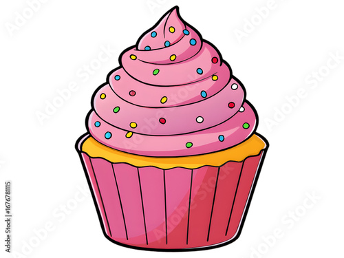 A cartoon style cupcake with pink frosting swirled high and decorated with colorful sprinkles PNG file download